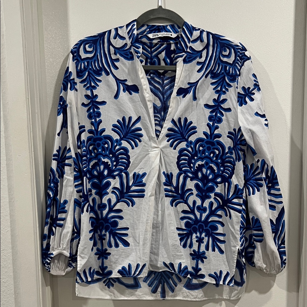 Zara White Blouse with Blue Embroidery